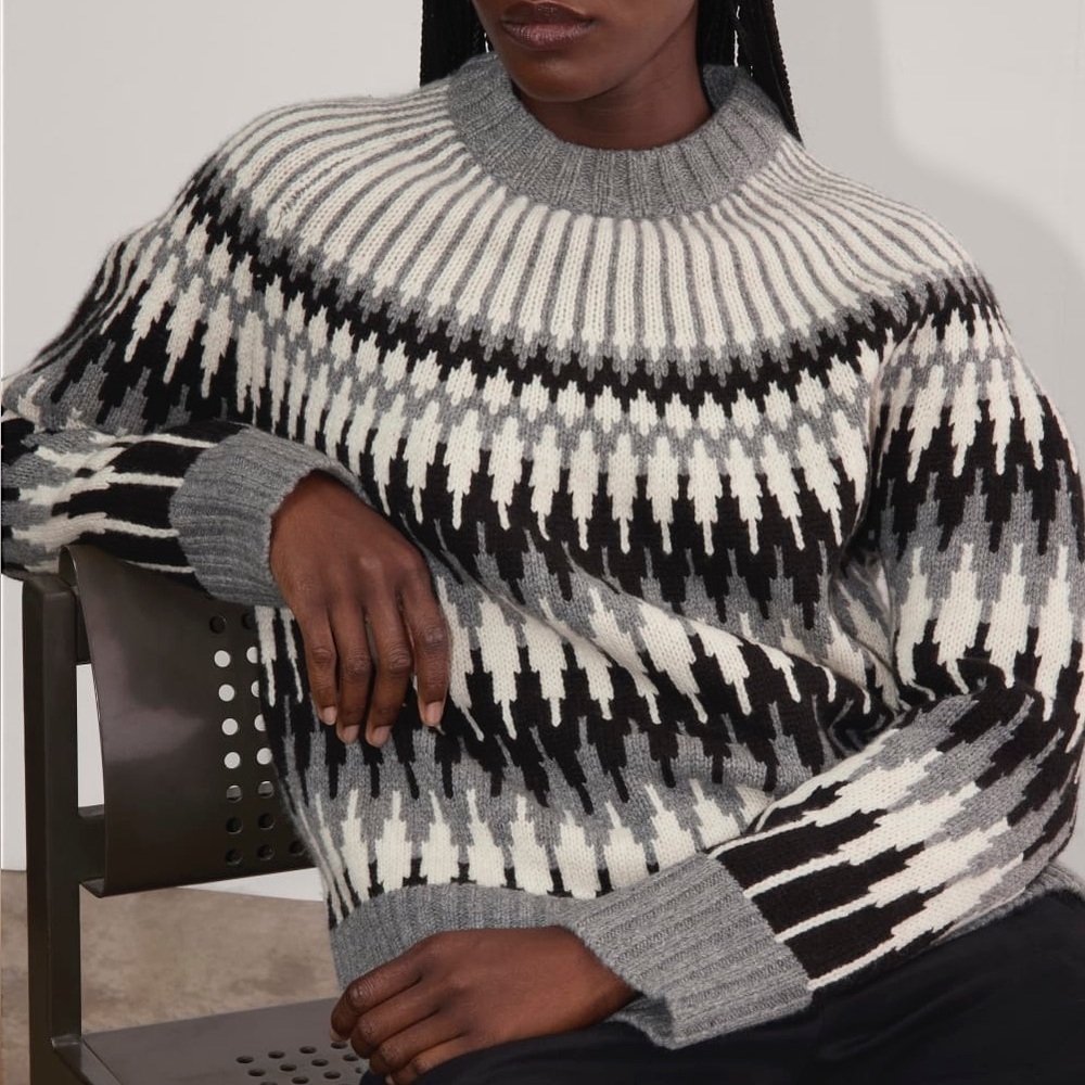 Everlane The Fair Isle 100% Wool Crewneck Black White Scandinavian Sweater XL - Picture 3 of 10
